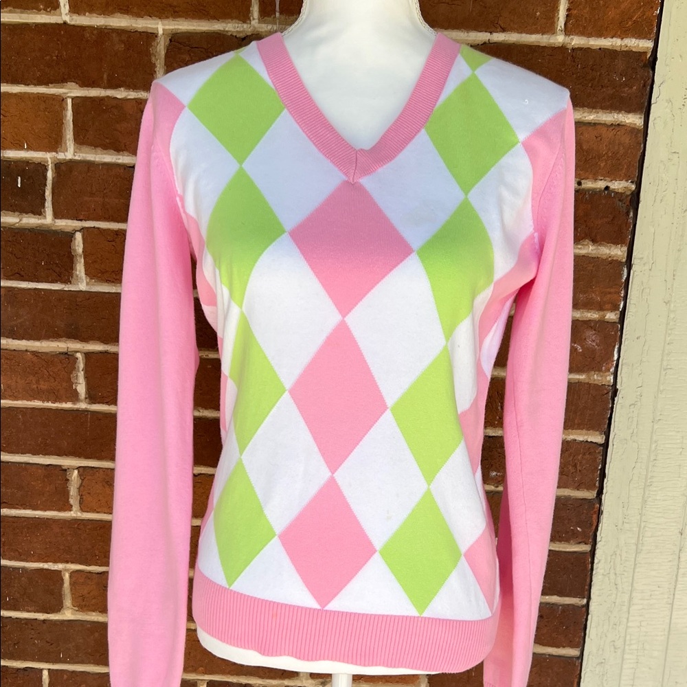 Lilly Pulitzer Pink, Lime & White Argyle V-Neck Sweater